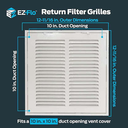 EZ-FLO 10 x 10 Inch (Duct Opening) Return Air Vent Cover for Wall or Ceiling, Solid Steel Return Air Filter Grille, HVAC Vent Cover, White, 61657