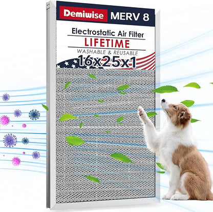16x25x1 Electrostatic Air Filter, MERV 8 Reusable Aluminum AC/HVAC Furnace Filters, Washable Permanent Air Filter, Lasts a Lifetime, Easy to Clean (Actual Size:15.50x24.65x0.82)