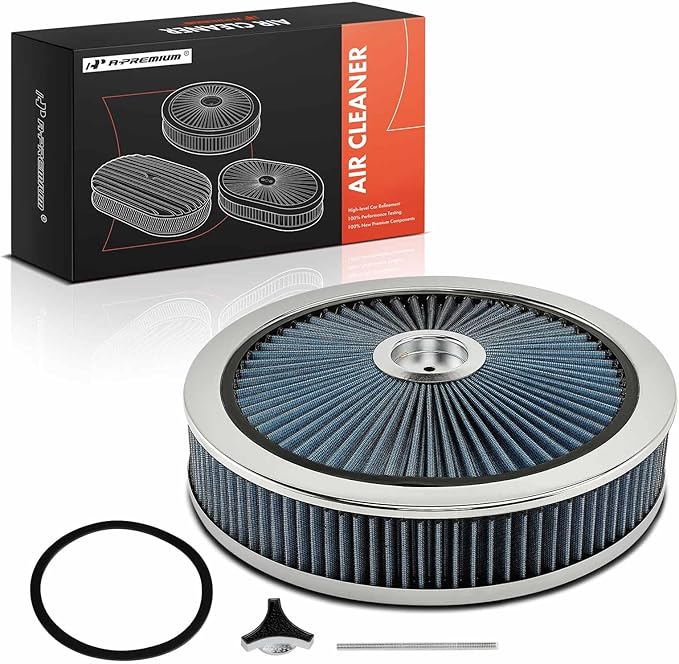 A-Premium 14"x3" Round Blue Chrome Universal Air Cleaner Filter Assembly - Compatible with Chevrolet Chevy GMC Ford Models- Fit For 5-1/8" carburetor neck
