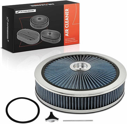 A-Premium 14"x3" Round Blue Chrome Universal Air Cleaner Filter Assembly - Compatible with Chevrolet Chevy GMC Ford Models- Fit For 5-1/8" carburetor neck