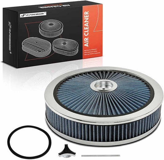 A-Premium 14"x3" Round Blue Chrome Universal Air Cleaner Filter Assembly - Compatible with Chevrolet Chevy GMC Ford Models- Fit For 5-1/8" carburetor neck