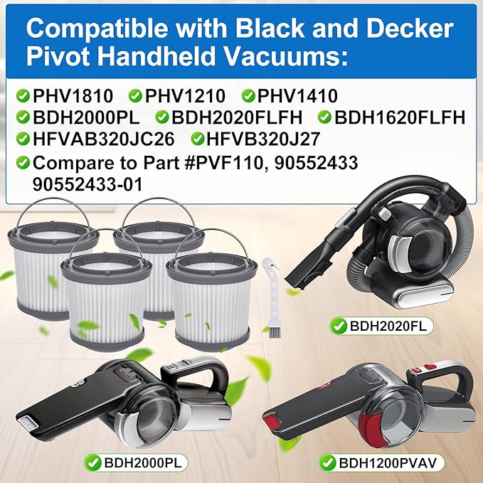 4 Pack PVF110 Replacement Filter for Black and Decker Handheld Pivot Vacuums PHV1810 PHV1410 PHV1210 BDH2000PL BDH2020FLFH BDH2020 FLBDH1620FLFH, Compare to Part # 90552433