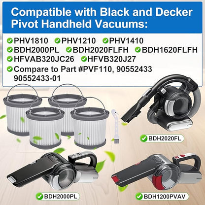 4 Pack PVF110 Replacement Filter for Black and Decker Handheld Pivot Vacuums PHV1810 PHV1410 PHV1210 BDH2000PL BDH2020FLFH BDH2020 FLBDH1620FLFH, Compare to Part # 90552433