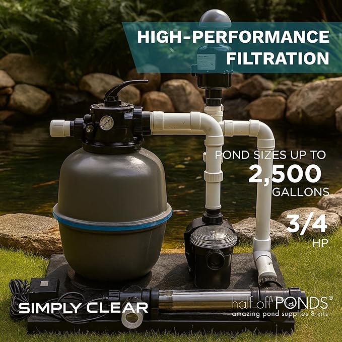 HALF OFF PONDS Simply Clear Koi Pond Filter System with 2HP Blower, UV Clarifier & 3,200 GPH Pump – Filters Ponds Up to 2,500 Gallons – Complete Kit with Bio Media, Multiport Valve, Gauge