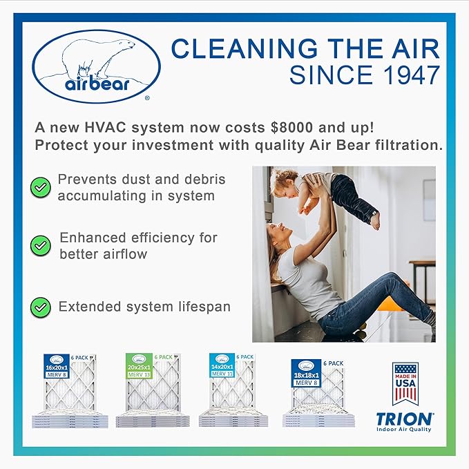 20x20x1 Air Filter MERV 8 (8-Pack) TRION Air Bear Pleated HVAC Air Filters Replacement (Actual Size: 19.50 x 19.50 x 0.75 Inches)