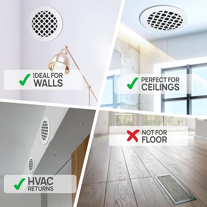 SABA Home Decor Air Vent Cover Grille - Acrylic Plexiglass 4 Round Duct Opening (5.5 Round Overall) White Finish Decorative Register Covers for Walls and Ceilings NOT for Floor USE, Venetian (2PCs)