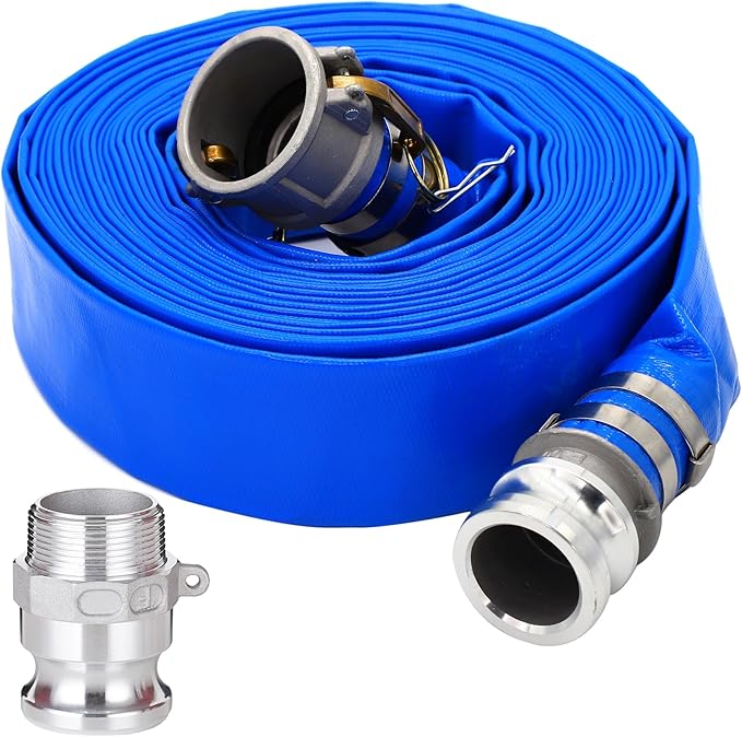 DAVCO 2" ID × 50 ft PVC Lay Flat Discharge Hose, Heavy Duty Reinforced Blue Pool Backwash Hoses For Swimming Drain Pools, with Aluminum Camlock C and E Fittings, Cam Lock Fitting Type F included