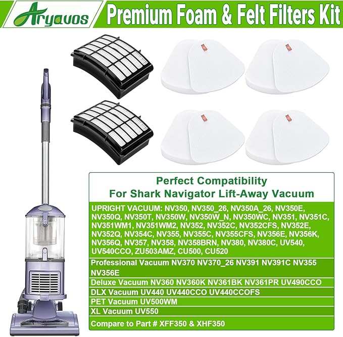 2 Hepa +4 Foam & Felt Filters Replacement for Shark Navigator Lift-Away Vacuum NV350, NV351, NV352, NV355, NV356E, NV357, NV360, NV370, NV391, UV440, UV490, UV540, UV550, Part XFF350 XHF350