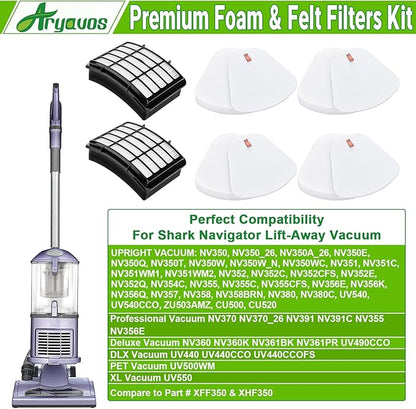 2 Hepa +4 Foam & Felt Filters Replacement for Shark Navigator Lift-Away Vacuum NV350, NV351, NV352, NV355, NV356E, NV357, NV360, NV370, NV391, UV440, UV490, UV540, UV550, Part XFF350 XHF350