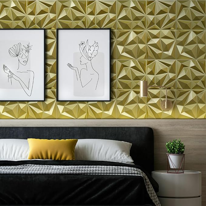 33 Pack Decorative 3D Wall Panels for Interior Wall Decor,12''x12'' Champaign Gold Diamond Design Accent Wall Panles for Living Room,TV Wall Background,Bedroom