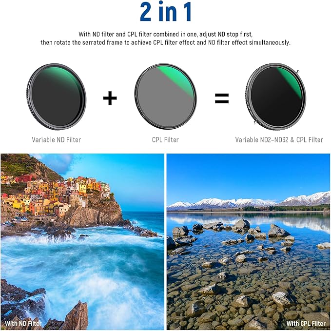 NEEWER 2 in 1 43mm Variable ND Filter ND2–ND32&CPL Filter(Circular Polarizer Filter) No X Cross/30 Layer Nano Coated/HD Optical Glass/Ultra Slim Aluminum Alloy Frame/Water Repellent/Scratch Resistant