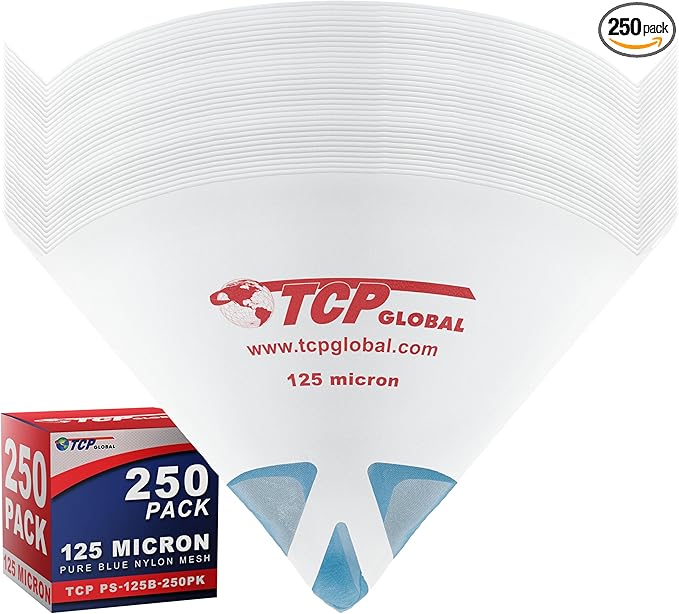 TCP Global - 125 Micron Filter Tips Ultra-Fine Paint Strainer (250 Pack) - Pure Blue Nylon Mesh Cone Strainer - Paint Filter Cones for Auto, House & Hobby