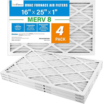 LotFancy 16x25x1 Air Filter MERV 8 4-Pack, Electrostatic Pleated Furnace & AC Filter, Captures Dust, Pet Hair, Pollen, Actual Size: 15.75"x24.75"x0.75"