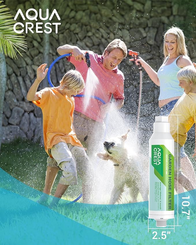 AQUA CREST Garden Hose Water Filter for Plants, Greatly Reduces Chlorine, Odor, Improve Plants Health, Ideal for Organic Gardening, Farming and Pets, 4 Pack with 2 Hose Protector