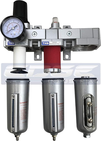 3 STAGE, HEAVY DUTY INDUSTRIAL GRADE FILTER REGULATOR COALESCING DESICCANT DRYER SYSTEM FOR COMPRESSED AIR LINES, METAL BOWLS, GREAT FOR PAINT SPRAY AND PLASMA CUTTER (1/2" NPT, MANUAL DRAIN)