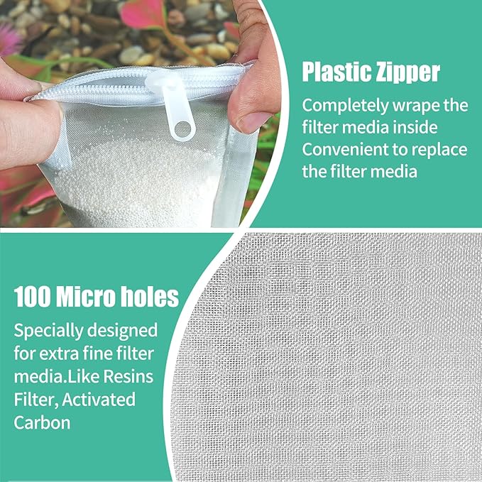 AQUANEAT Aquarium Filter Media Bags 15pcs Fish Tank Extra Fine 100 Micron Mesh Bags with Plastic Zipper for Activated Carbon (3" x 4")