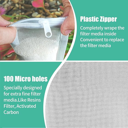 AQUANEAT Aquarium Filter Media Bags 15pcs Fish Tank Extra Fine 100 Micron Mesh Bags with Plastic Zipper for Activated Carbon (3" x 4")