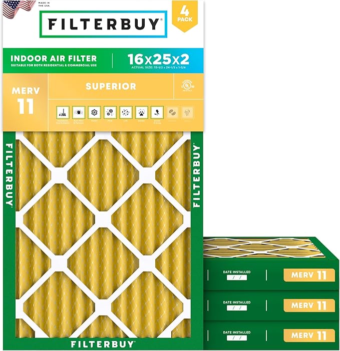 Filterbuy 16x25x2 Air Filter MERV 11 Superior Pet & Allergy Defense (4-Pack), Electrostatic Pleated HVAC AC Furnace Filters Replacement, Made in USA (Actual Size: 15.50 x 24.50 x 1.75)