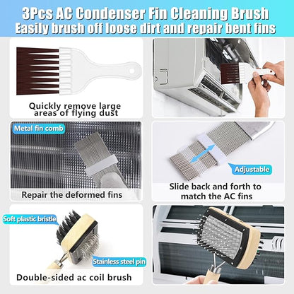 3 Pcs HVAC Coil Cleaning Brush & Fin Straightener Kit, Metal AC Fin Comb,Double-Sided Coil Brush,Coil Cleaning Tool - for MIni Splits,Refrigerator Coils,Condenser, Evaporator Coil Cleaning