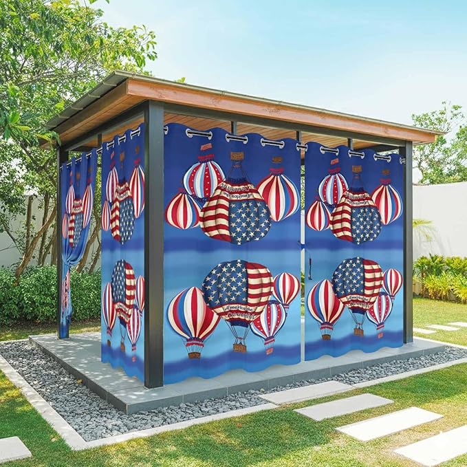 Independence Day Waterproof Outdoor Curtains for Patio, Windproof Weatherproof Curtains with Weighted Hem, Hot Air Balloon Patriotic Star Light Filtering Privacy Drapes for Porch 54"x 84" 2 Panels