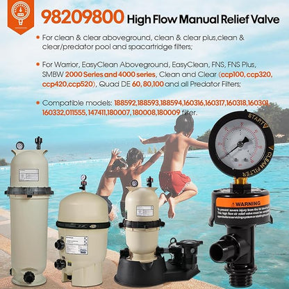 98209800 High Flow Manual Relief Valve/Air Relief Manual Valve Assembly with Pressure Gauge, Replacement for Pool and Spa Filter (1 PACK-98209800)