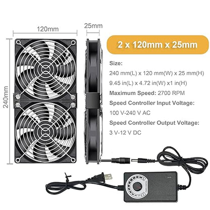 Big Airflow Computer Fan 2 * 120 mm x 25 mm 162CFM Small Brushless Axial Cooling Fan, AC 100V - 240V Speed Control Fan, for Cabinet Case Chassis Server Workstation Amplifier Greenhouse Cooling (2)