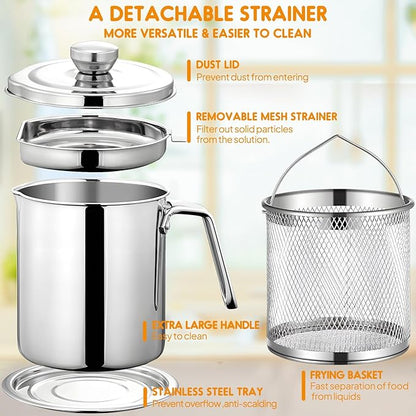 Chihee Grease Container Deep Fryer 2 in 1 Stainless Steel Bacon Grease Saver with Fine Mesh Strainer Fry Basket 2L / 67.6 fl oz Oil Container Grease Can with Lid Tray for Kitchen Storing Frying