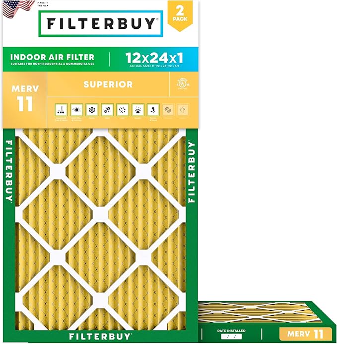 Filterbuy 12x24x1 Air Filter MERV 11 Superior Pet & Allergy Defense (2-Pack), Electrostatic Pleated HVAC AC Furnace Filters Replacement, Made in USA (Actual Size: 11.50 x 23.50 x 0.75)