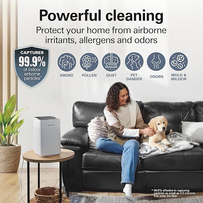 Hamilton Beach Air Purifier For Home With 2 TrueAir EverLasting Reusable Filters, For Medium Rooms Up To 827 sq. ft., Protects From Allergens, Odors, Irritants, Dust, Smoke, Pollen, White (20150)