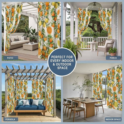 Lemons Yellow Orange Summer Plant Linen Outdoor Curtains for Patio Waterproof Outside Curtains with Grommet Top Weatherproof Curtain for Cabana Pergola Gazebo, 2 Pack, 54" W x 84" L