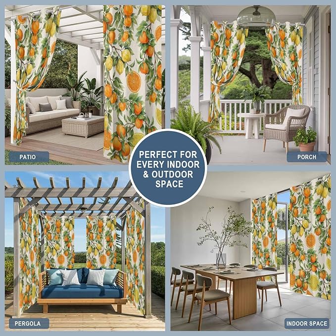 Lemons Yellow Orange Summer Plant Linen Outdoor Curtains for Patio Waterproof Outside Curtains with Grommet Top Weatherproof Curtain for Cabana Pergola Gazebo, 1 Panel, 54" W x 84" L