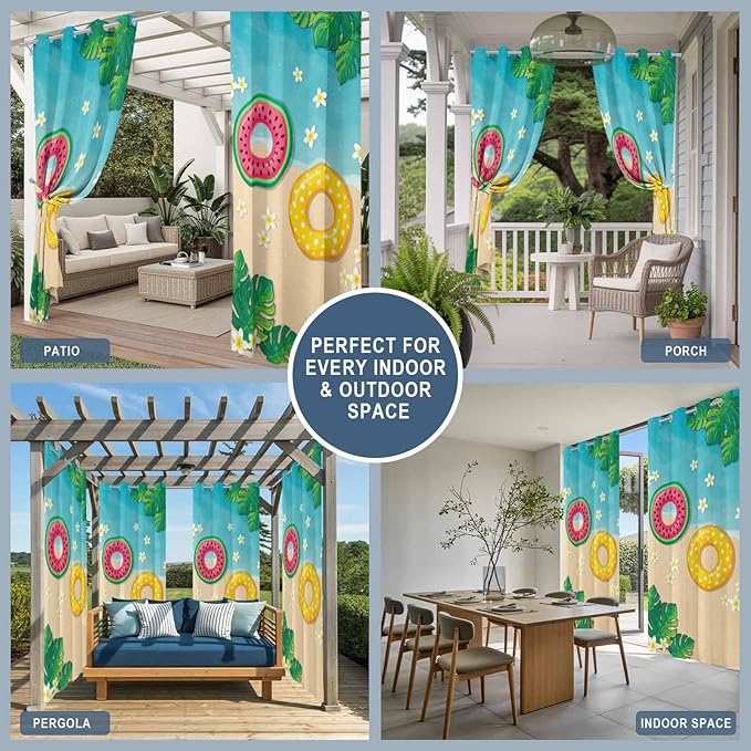 Summer Outdoor Curtains for Patio Plumeria Swimming Circles Ocean Beach Waterproof Outside Curtains with Grommet Top Weatherproof Curtain for Cabana Pergola Gazebo, 2 Pack, 54" W x 95" L