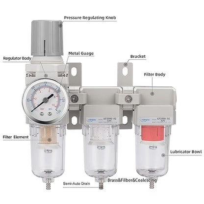 NANPU Three Stage Air Drying System - 5 Micron Particulate Filter, 0.5＆0.01 Micron Coalescing Filters, Air Pressure Regulator Combo - 0-150 psi Gauge, Semi-Auto Drain, Metal Bracket (1/4" NPT）