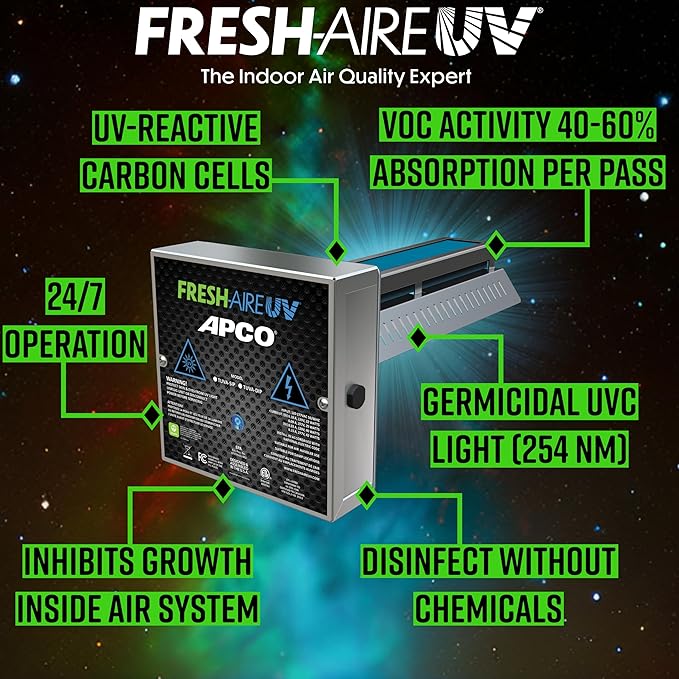 APCO Carbon Matrix Filter HVAC UV Air Purifier, Includes Dual 2-Year UVC Lamp for Coils (120-277 VAC Series) # TUV-APCO-DI2-P