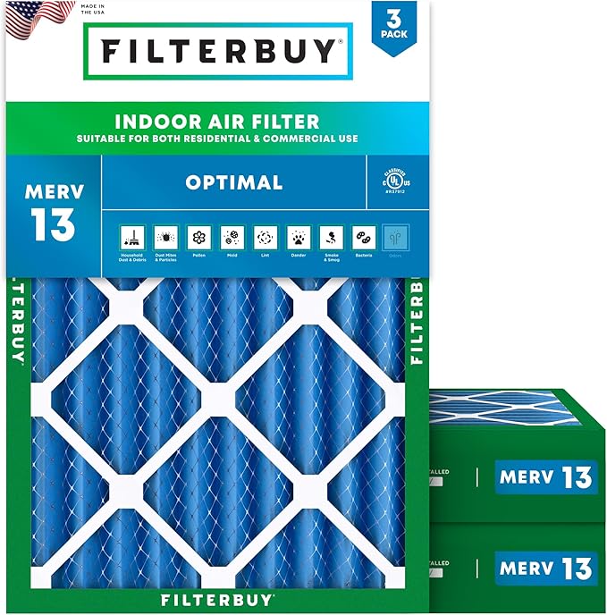 Filterbuy 20x25x4 Air Filter MERV 13 Optimal Smoke & Allergy Defense (3-Pack), Electrostatic Pleated HVAC AC Furnace Filters Replacement, Made in USA (Actual Size: 19.50 x 24.50 x 3.63)