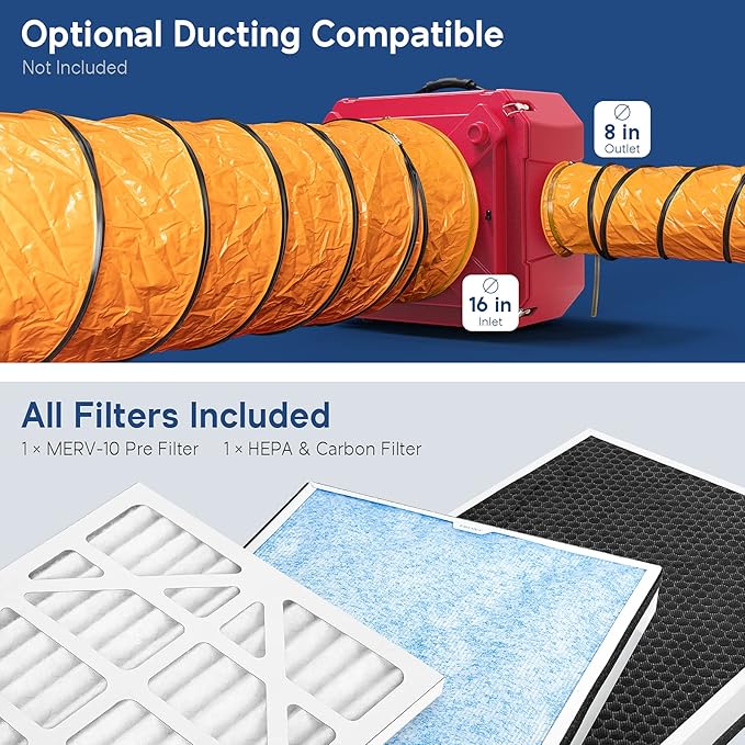 AlorAir CleanShield HEPA 550 - Heavy Duty Commercial Air Scrubber HEPA Filter System, 25' Power Cord with Lighted End and Roto-Molded Unbreakable Housing Air Cleaner, cETL Listed, Red (Pack of 8)