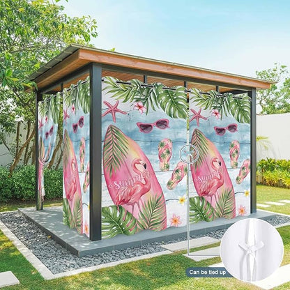Summer Flamingbirds Outdoor Curtains for Patio Palm Leaves Plumeria Wood Waterproof Outside Curtains with Grommet Top Weatherproof Curtain for Cabana Pergola Gazebo, 1 Panel, 54" W x 108" L