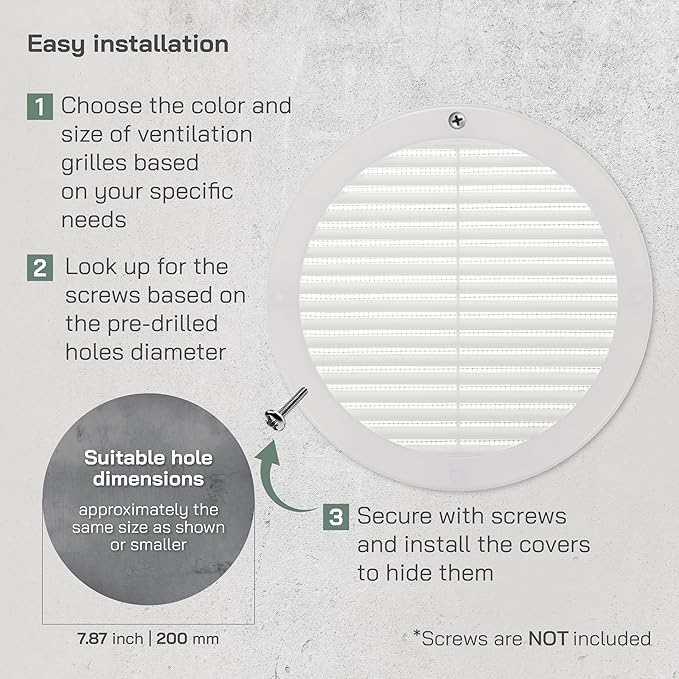 Vent Systems 8" Inch (Opening Dimensions) - Pack of 5 - White Soffit Vent Cover - Plastic Round Air Vent Grille - Built-in Mesh Screen - HVAC Register Louver for Bathroom, Home, Kitchen
