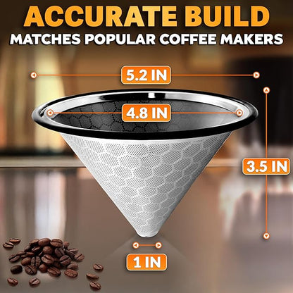 Stainless Steel Pour Over Coffee Filter Compatible with Hario V60 and Chemex Coffee Filter - Reusable 1-2 Cup Paperless Coffee Maker - Easy to Clean Fine Mesh for Smooth Extraction and Rich Flavor