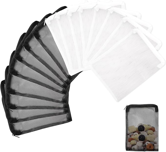 16 Pcs Aquarium Filter Media Bags with Plastic Zipper, Fish Tank Fine Mesh Bags for Activated Charcoal Aquarium, Reusable Aquarium Accessories for Ceramic Rings, Volcano Rock(4inx6in Black, White)