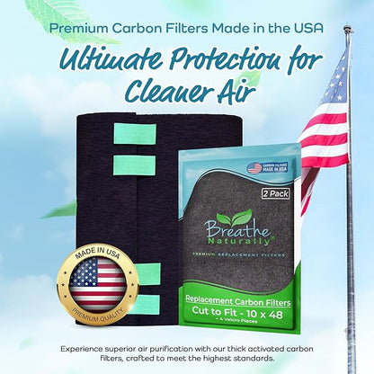 Breathe Naturally Universal Cut To Fit Carbon Activated Air Filter - Replacement Charcoal Filters - Pre Filter Carbon Sheet for Air Purifier, Vent Filters & More - Made in USA (Pack of 2, 10x48)