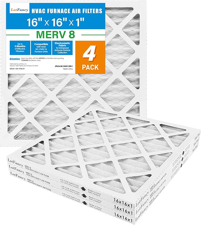 LotFancy 16x16x1 Air Filter MERV 8 4-Pack, Electrostatic Pleated Furnace & AC Filter, Captures Dust, Pet Hair, Pollen, Actual Size: 15.75"x15.75"x0.75"