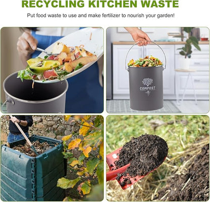 Kitchen Countertop Compost Bin, Odor Resistant Indoor Compost Bin with Lid and Charcoal Filter, Rust Resistant Coated Compost Bucket, Compost Container, Gray