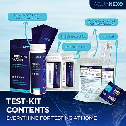 21 Parameters, 125 + 20 Drinking Water Test Strips + 2 x Coliform Bacteria Test, pH Test Strips, Water Tester Drinking Water, Water Hardness Measure, Drinking Water Hardness Test Strips