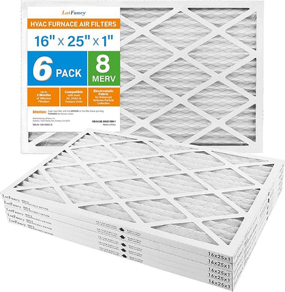 LotFancy 16x25x1 Air Filter MERV 8 6-Pack, Electrostatic Pleated Furnace & AC Filter, Captures Dust, Pet Hair, Pollen, Actual Size: 15.75"x24.75"x0.75"