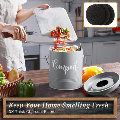 Gray Compost Bin Kitchen, 1.3 Gallon Farmhouse Kitchen Compost Bin Countertop with Lid and Charcoal Filters, Indoor Compost Bucket for Decor and Accessories