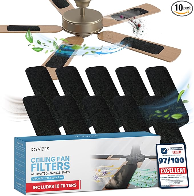 Premium Ceiling Fan Filters for Blades -10 PCS Activated Carbon Air Purifier Pads Unscented Washable Reusable Easy-Stick Coconut Shell Odorless Charcoal Dust Catcher Covers for Home Lighting Extractor