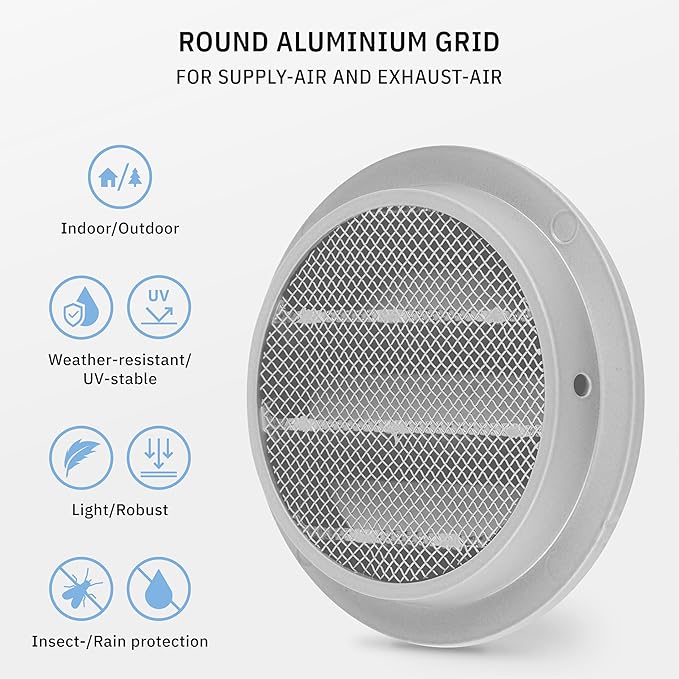 calimaero® WSGG 3" Inch Gray Round Metal Air Vent Grill Cover Flat Louver with Fly Screen Fits Only with Metal Ducts