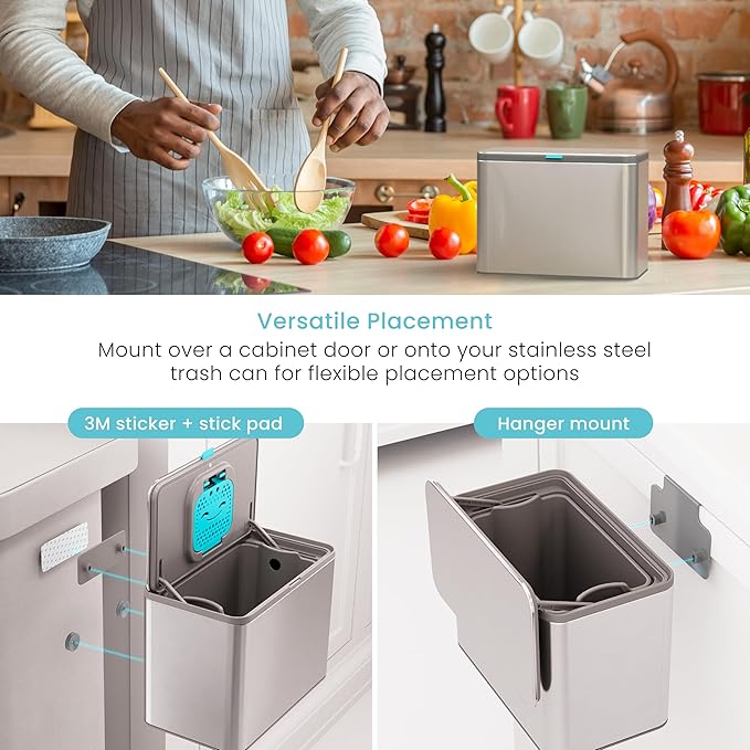Home Zone Living Kitchen Compost Bin with CleanAura, Stainless Steel, Small and Compact Design, Includes Placement Attachments, 5 Liter Capacity, Silver