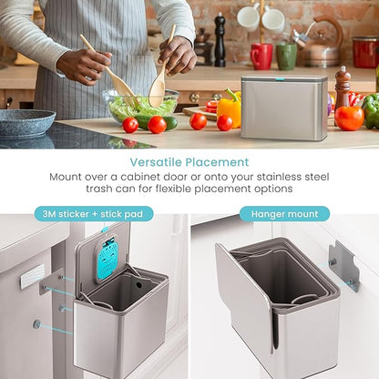 Home Zone Living Kitchen Compost Bin with CleanAura, Stainless Steel, Small and Compact Design, Includes Placement Attachments, 5 Liter Capacity, Silver